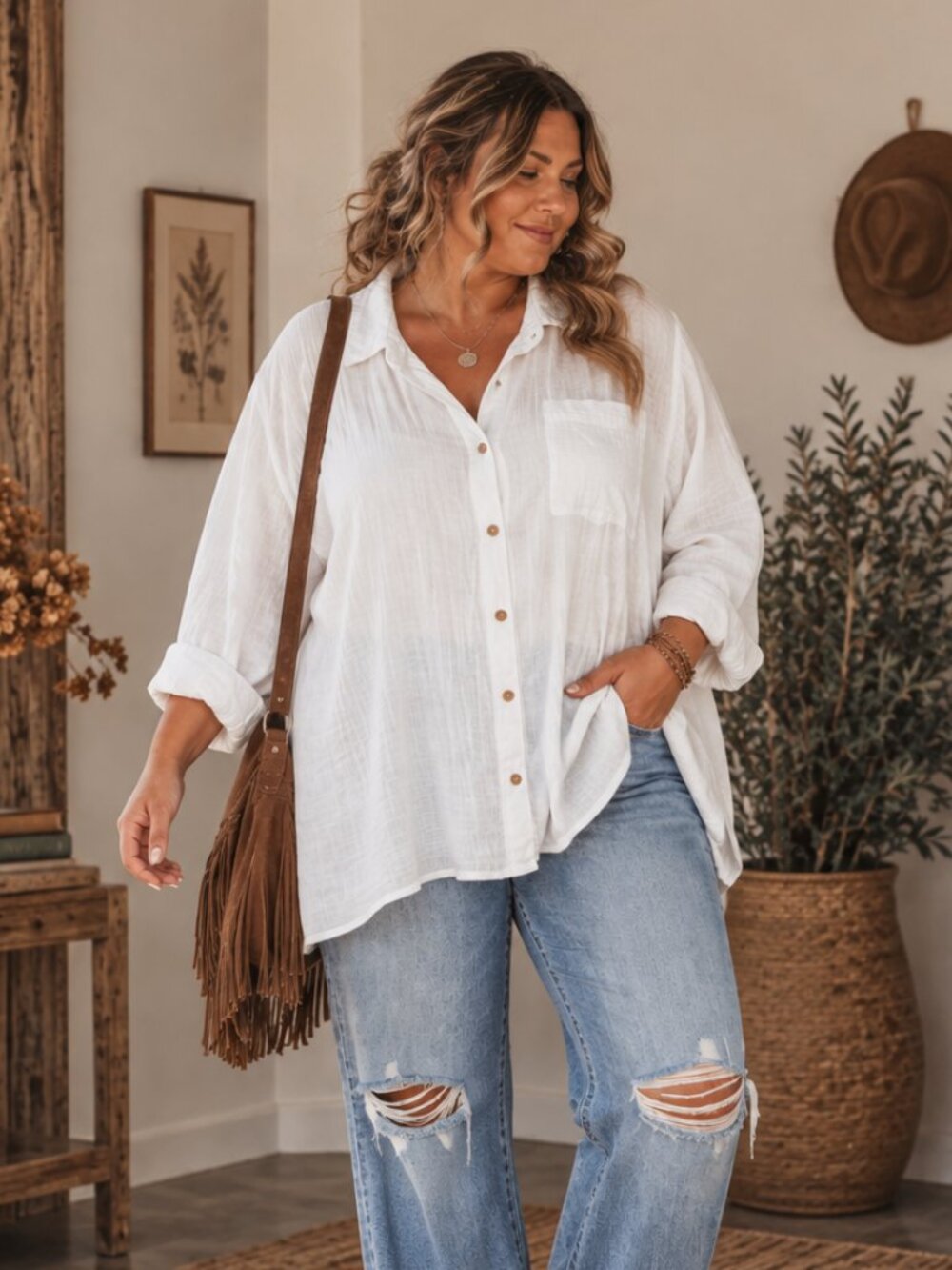 White Cotton Gauze Oversized Button Down Shirt
